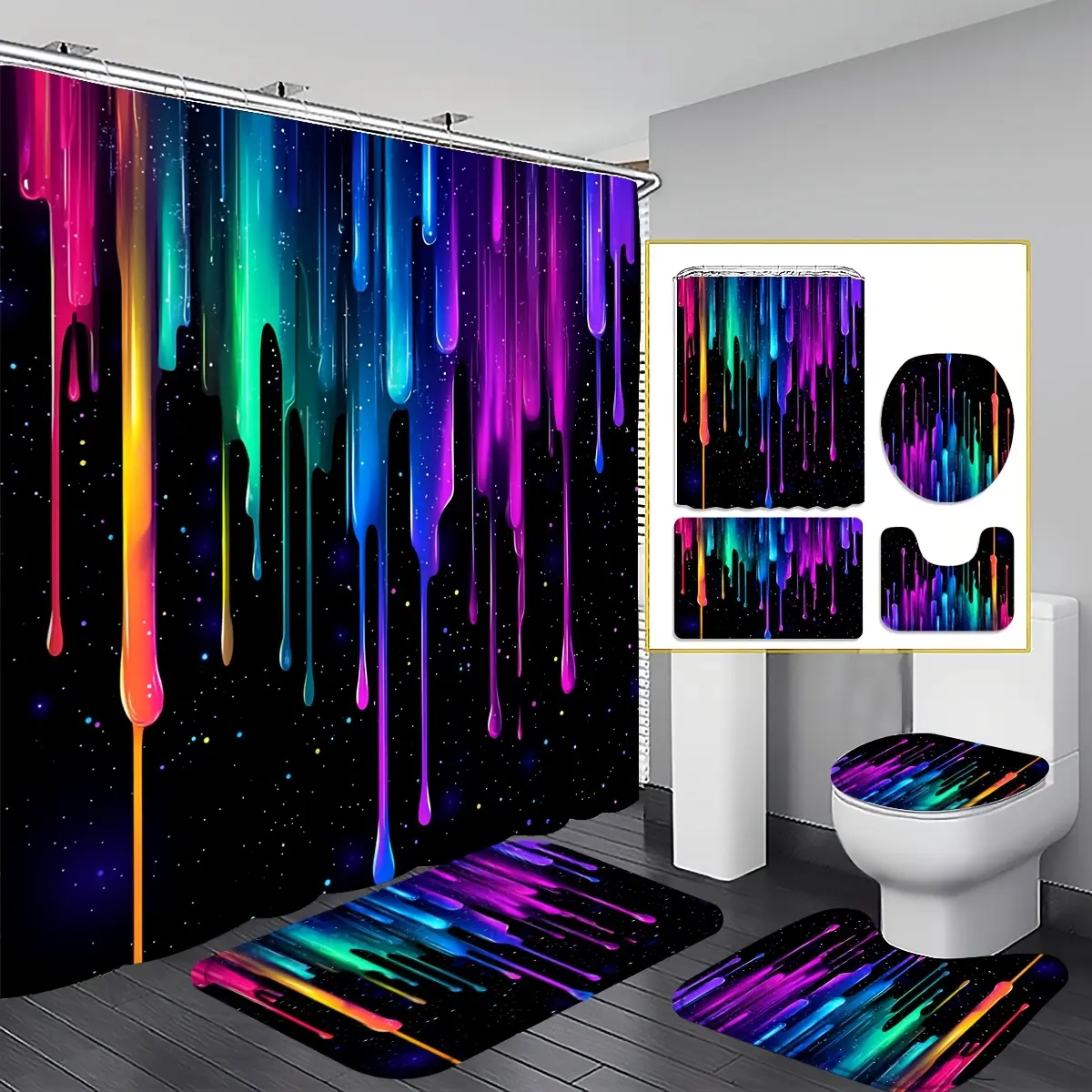 Neon drip shower curtain set, 4-piece set, colorful drip paint design bathroom decoration, plus U-shaped toilet cover, 12 hooks, vibrant art home decoration, Shower Curtain Set For Bathroom