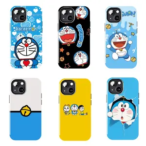 Cute Doraemon collage phone case, featuring multiple characters including Nobita and Shizuka. Durable and shockproof with a wave-shaped frame, suitable for iPhone 11–17 Pro Max/Plus series and Samsung Galaxy S23–S25 series.