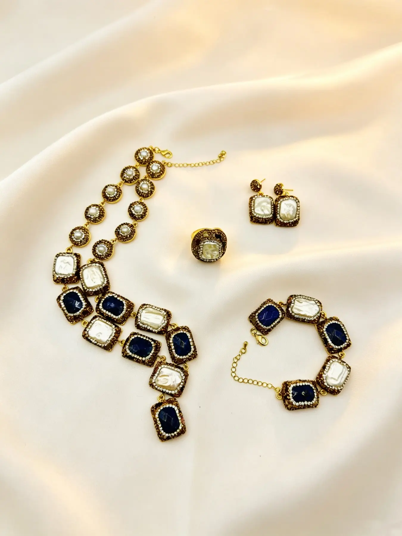 Baroque Necklace Earrings Ring Bracelet Set, Lapis Lazuli Vintage Jewelry, 4-Piece Set, Perfect for Travel, Versatile Accessories