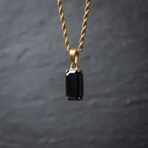 Minimalist Black Rectangle Pendant Necklace - 18K Plated Stainless Steel Rope Chain, Tarnish-Free