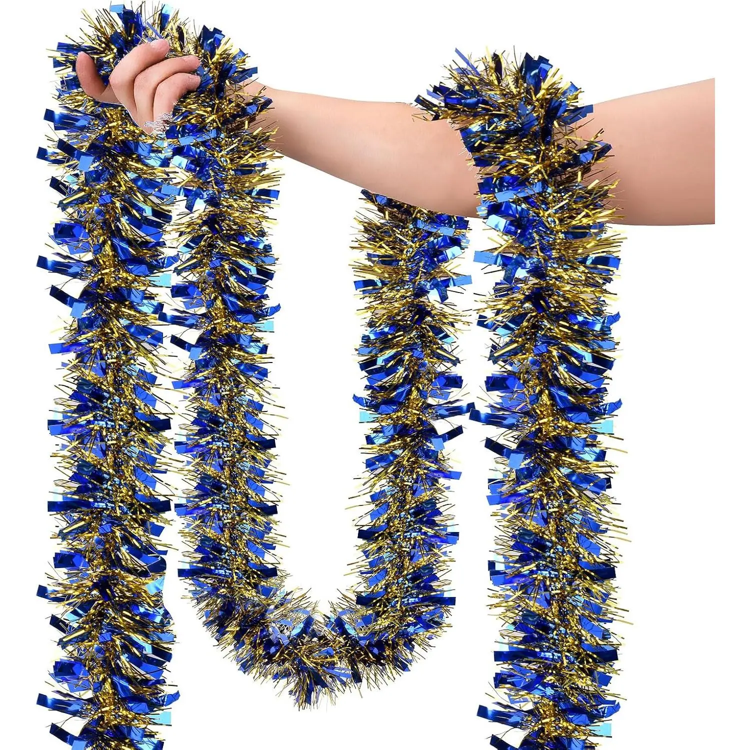 39.3FT Modern Synthetic Durable Long Strip Blue Metallic Christmas Tinsel Garland, Festive Decor for Mantel, Staircase, Indoor Outdoor Holiday Party Use