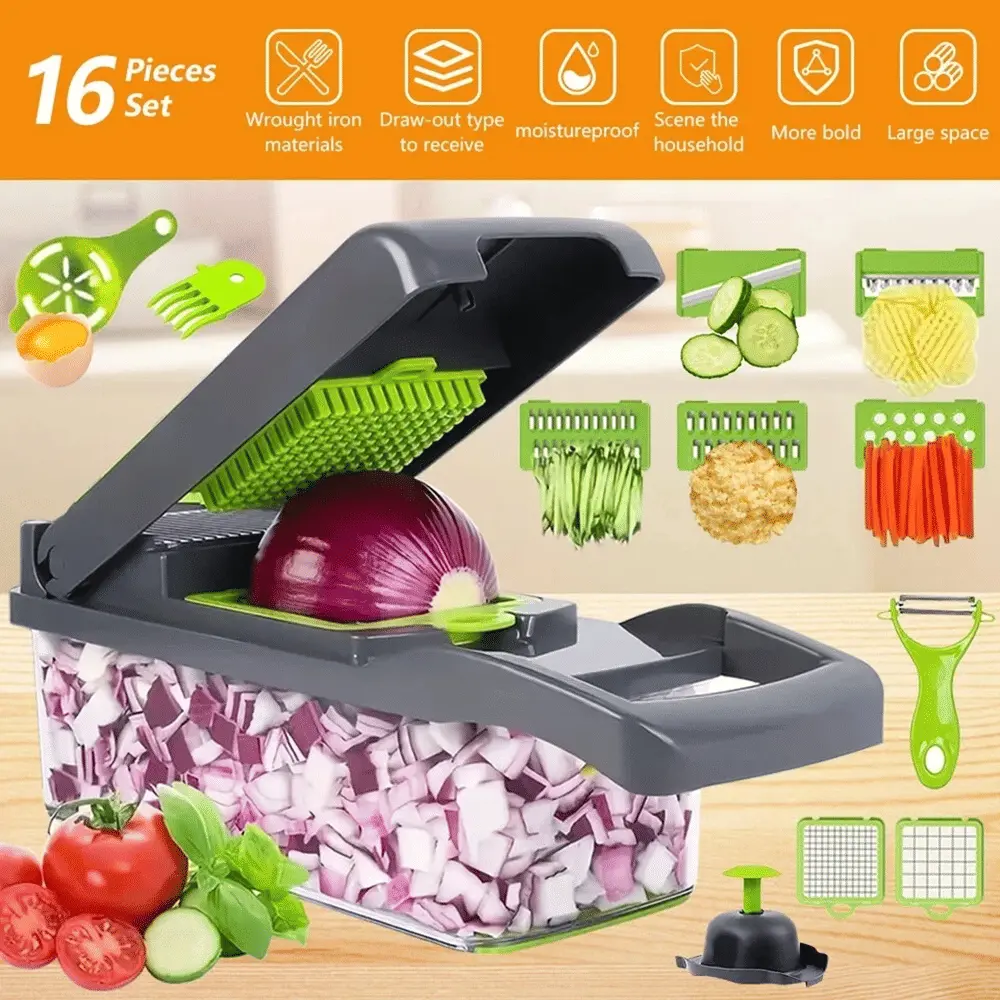 16-In-1 Multi-Function Stainless Steel Blade Kitchen Tool - Practical Compact Food Slicer Dicer Chopper with Silicone Lid, Plastic Parts for Indoor Recreation (Fruits, Vegetables, Onions)