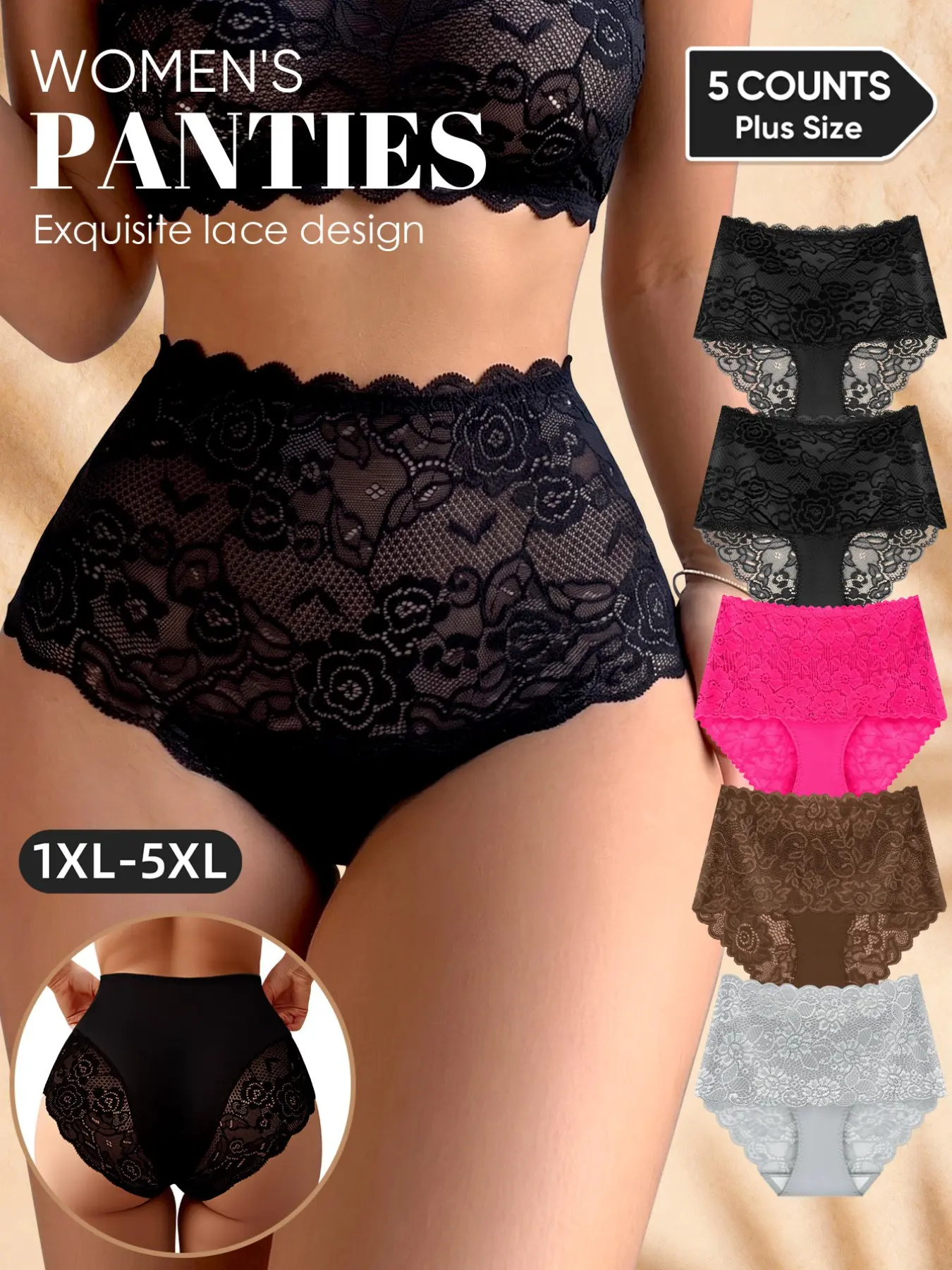 5 Packs Women's Mid-Waist Briefs Panties, Lace Trim Luxury Design, Soft Comfortable Fit, Multiple Colors, Sizes 1xl-5xl, All Seasons Wear