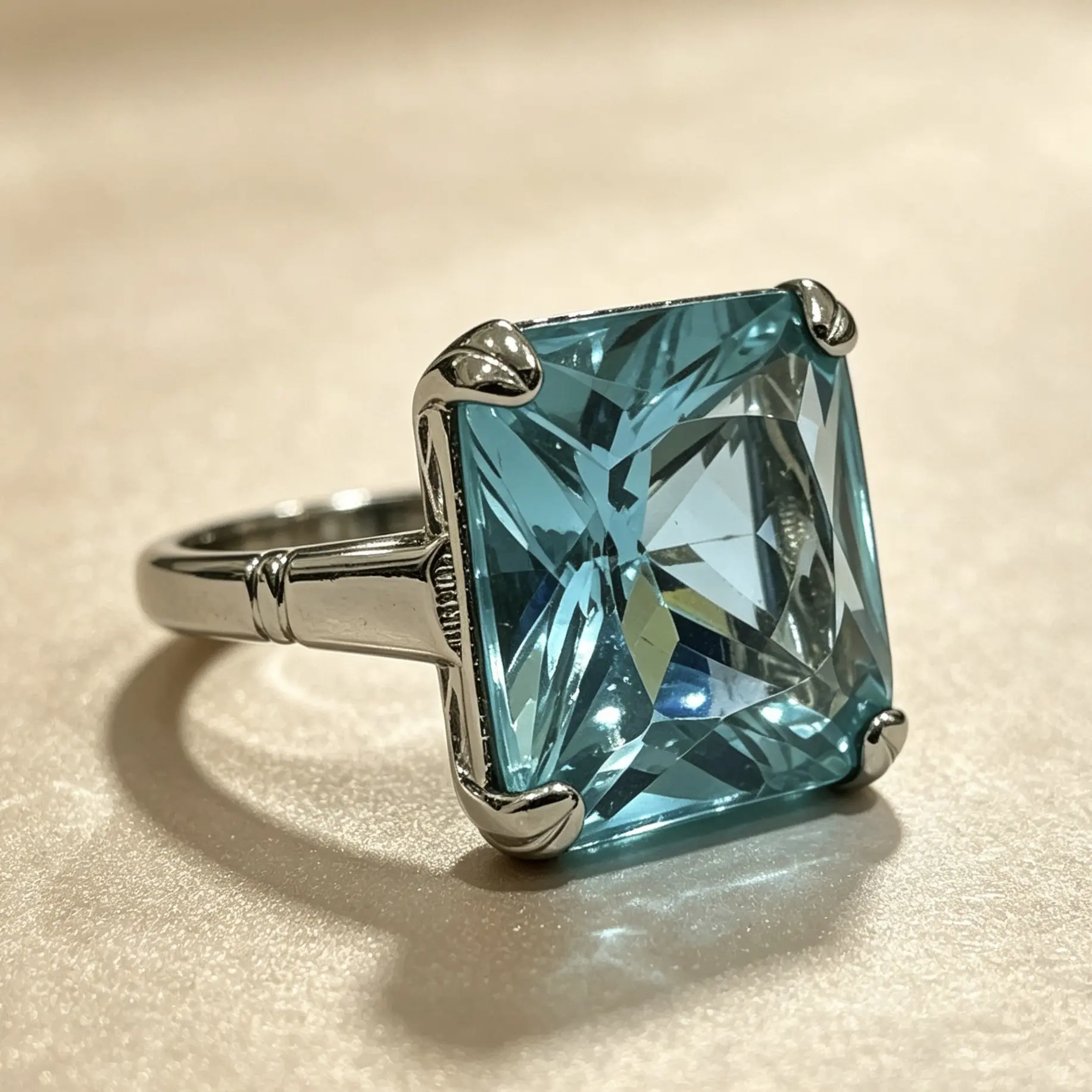 Classic alloy inlaid square sea blue glass ring, luxurious topaz gemstone jewelry