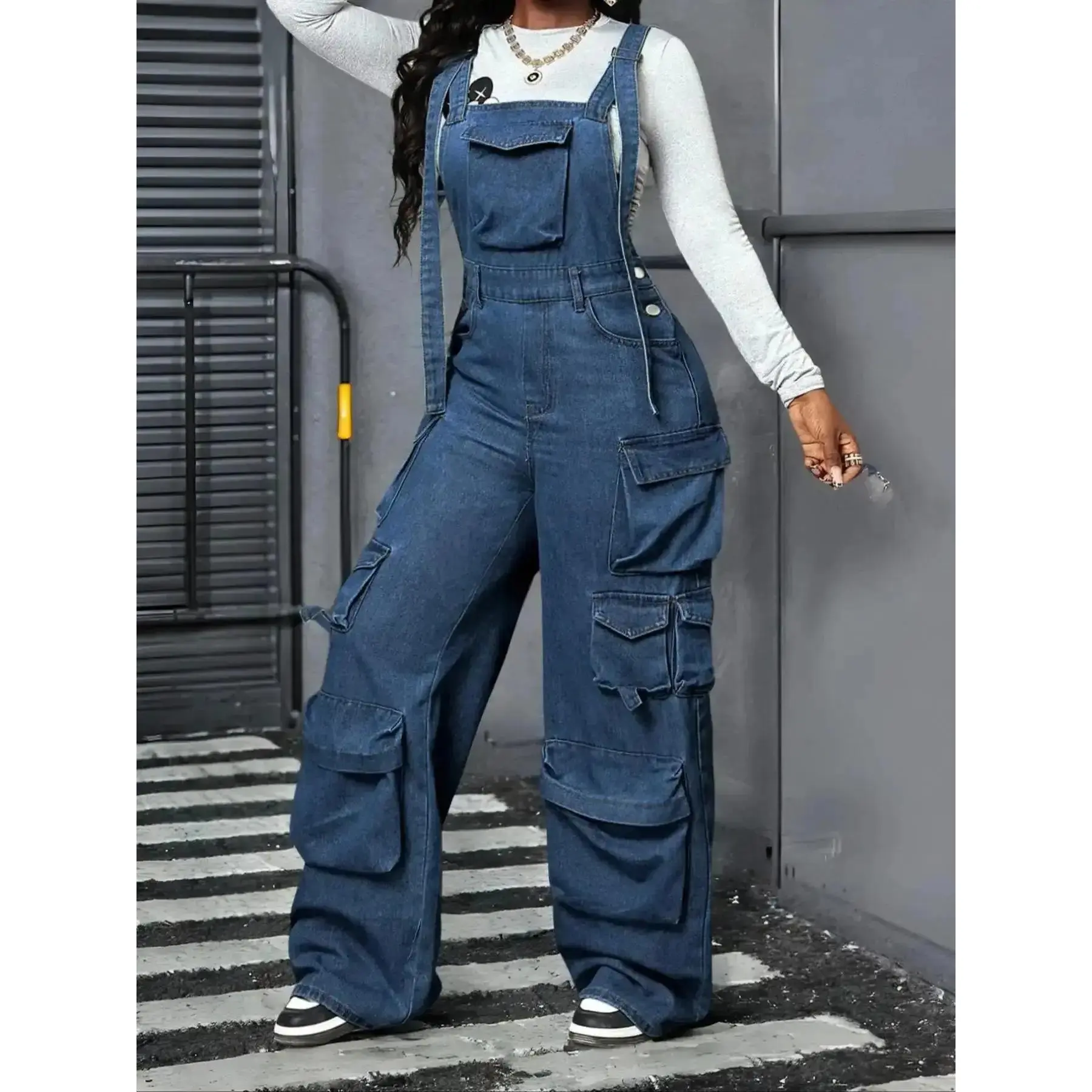 Women's Classic Adjustable-Strap Denim Workwear Jumpsuit Daily Outfits, Casual Comfy Loose-Fit Fashion Style Everyday Overalls, Womenswear, Comfortable and Stylish for Spring and Fall, Well Made, Cold Weather, Easy Fit