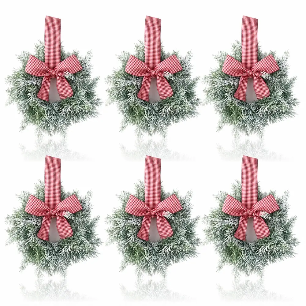 6 Pcs Mini Christmas Cabinets Wreath for Kitchen Small Christmas Ceder Candle Rings Wreaths Artificial Norfolk Pine Red Berry Garland Hanging Ornament Set Farmhouse Wreath for Holiday Xmas Party Decor