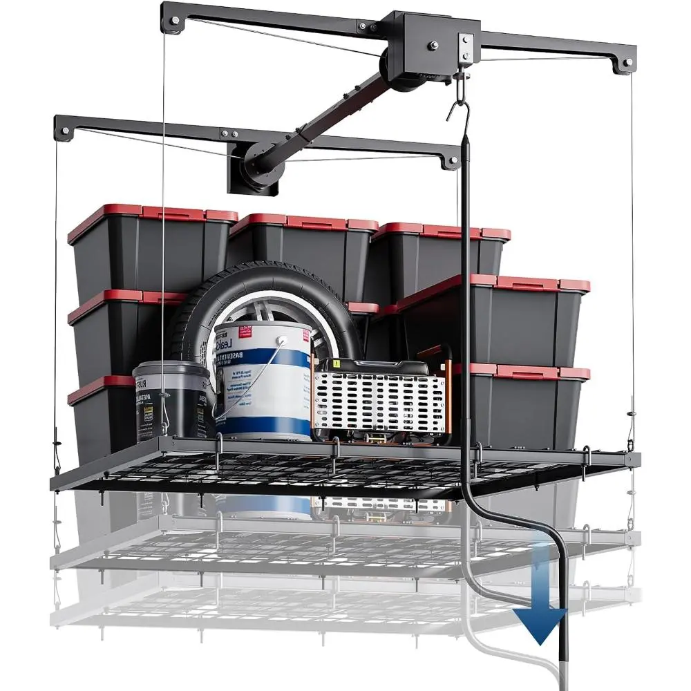 Gaomon Overhead Garage Storage Rack, Adjustable 4x4 ft Heavy Duty Ceiling Mounted Storage Racks with Safety Lock, 250 lb Capacity Overhead Garage Storage Rack for Garage and Attic
