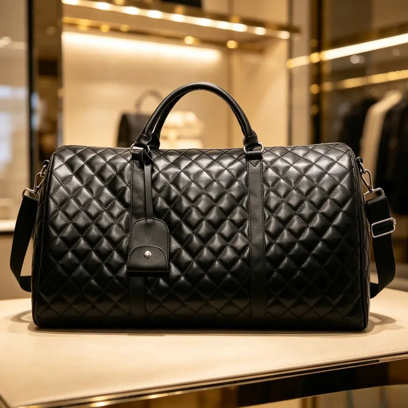 Ladies' black quilted luggage bag, large capacity weekend overnight travel bag, multi-purpose gym sports handbag, adjustable wide shoulder strap crossbody bag, ladies' portable shopping and vacation handbag