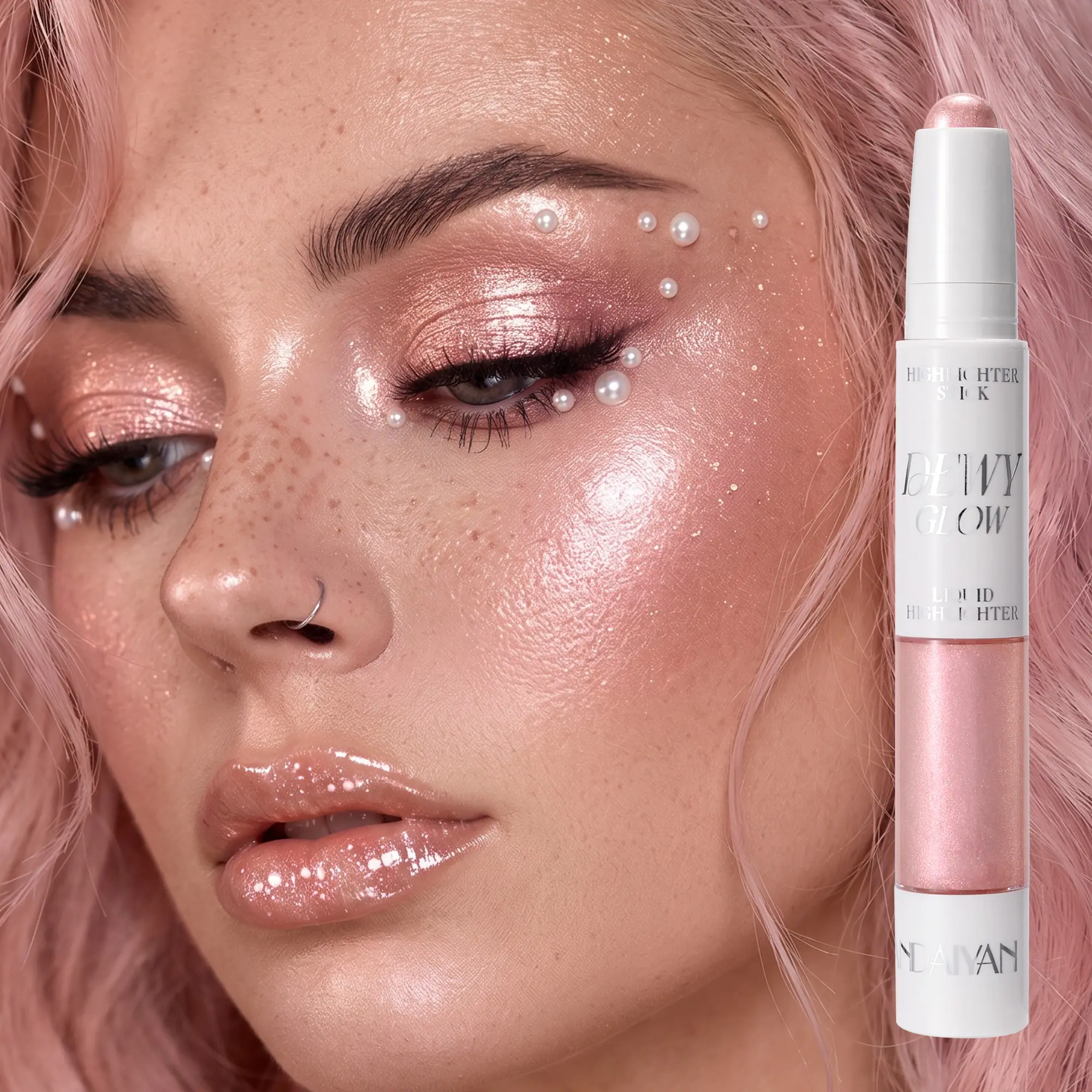 Dual-Ended Glowy Highlighter, Cream & Liquid Formula, Smooth Blendable Face Illuminator, Long-Lasting Shine, Ideal for Nose, Cheeks, Brows, Clavicle, Daily & Party Makeup