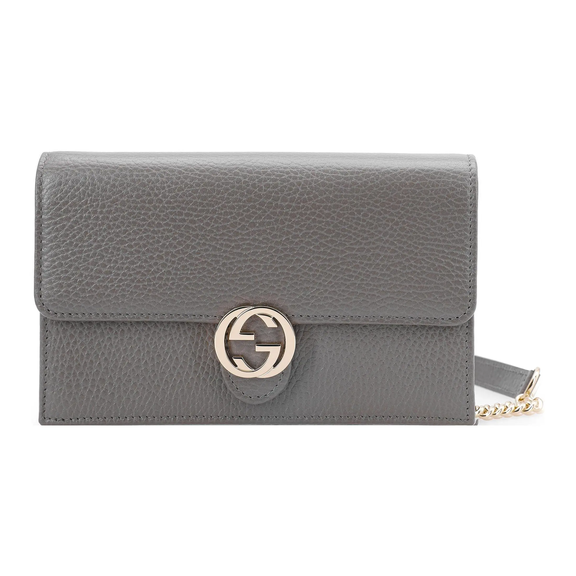 Gucci Double G Logo Snap Closure Leather WOC Chain Bag for Women, Crossbody and Shoulder Style, Gray