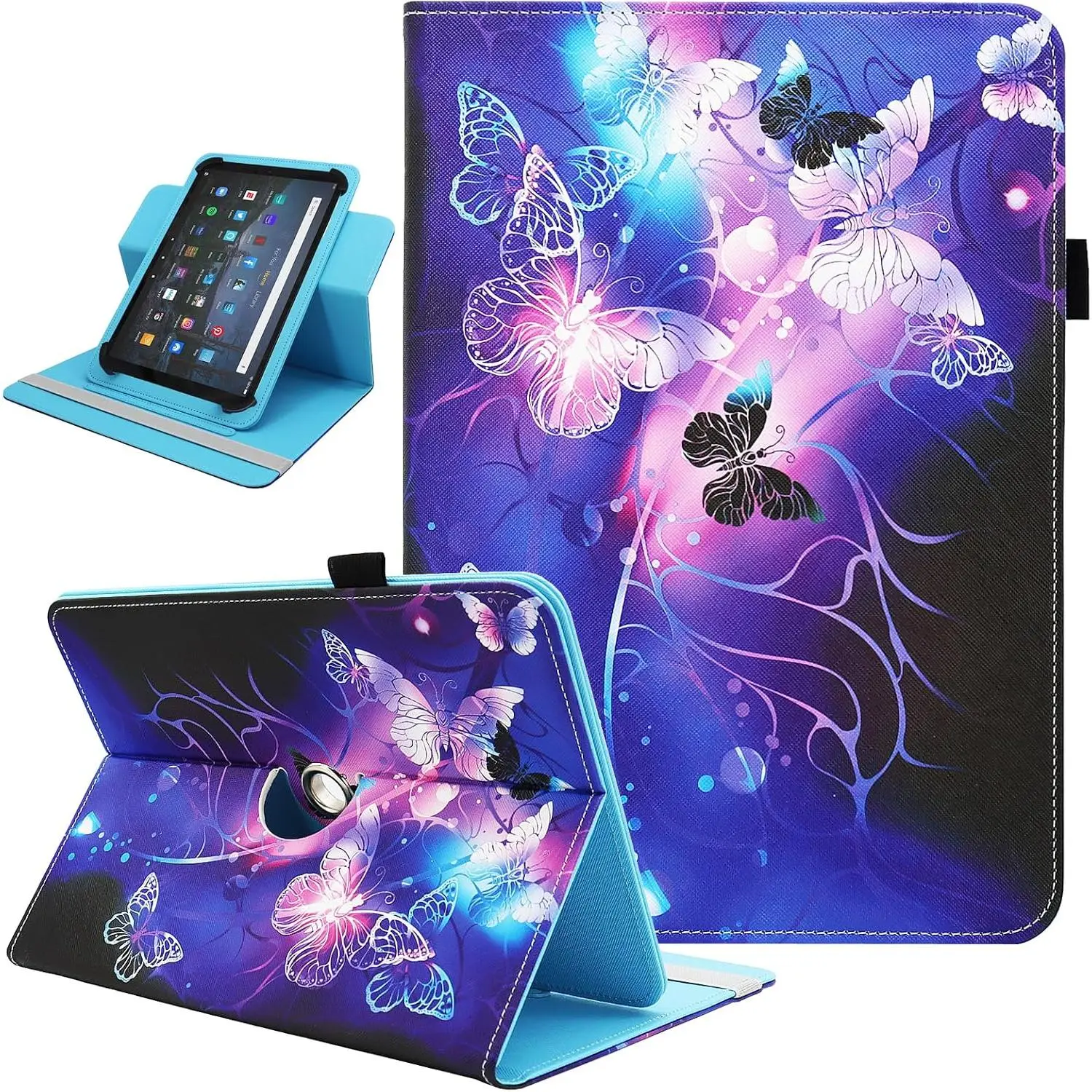 10 10.1 11 Inch Android Tablet Case,  360  Rotating Multi-Angle Viewing Stand PU Leather Cover for  9.5" - 11.0" Tablet,  Butterfly
