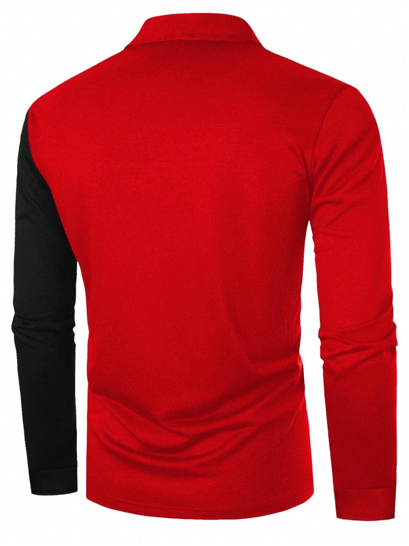 Men's Patchwork Print Half Button Fitted Polo Shirt, Regular Fit Casual Longsleeves Collared Top, Polo Shirts Men, Fall Outfits, Fall Going Out Tops, Men's Clothing, Polo Tees, Fashion Men's Clothes for Daily Wear, Menswear, Golf Colorblock Polo Shirt