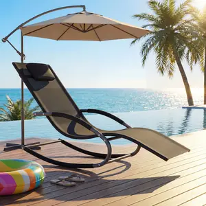 Outdoor Lounge Rocking Chair Folding Patio Chaise Recliner with Removable Pillow Heavy Duty Mesh Lawn Chair for Pool Backyard Garden Deck