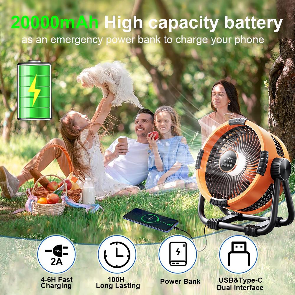 Camping Fan 20000mAh Rechargeable Portable Outdoor Camping Fan Air Circulators Wireless Tent Ceiling Fans with Hook and Light
