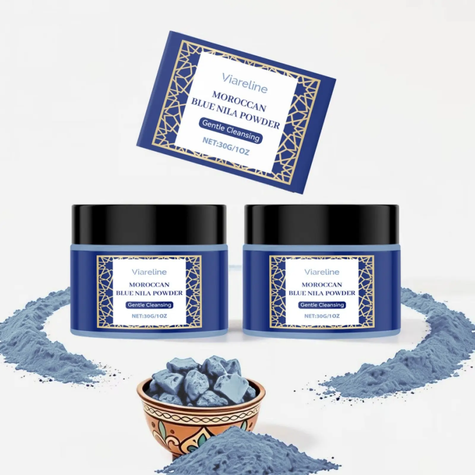 Moroccan Nila Powder(2 Counts Set)  – Natural Blue Clay Luminous Mask. Brightening, exfoliating, gentle cleansing. Plant-based with Alpha-Arbutin, traditional hammam skincare for glowing, even-toned skin.