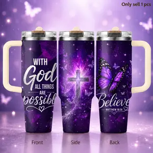 Cross & Butterfly Faith 40oz Tumbler – Christian Inspirational Stainless Steel Insulated Travel Cup with Handle & Straw Lid for Coffee, Water, Church, Office, Gym, Faith Gift for Women