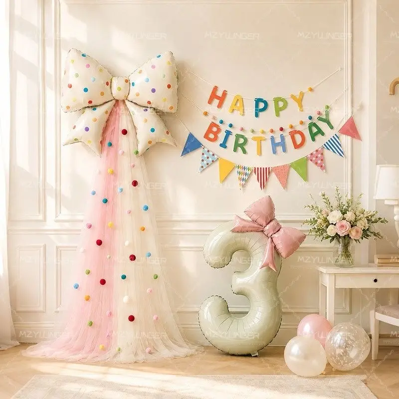 56-Piece Birthday Balloon Set, Includes 32-Inch Cream Number Balloons, Bow Balloons, Colorful Foam Balls, Party Decorations