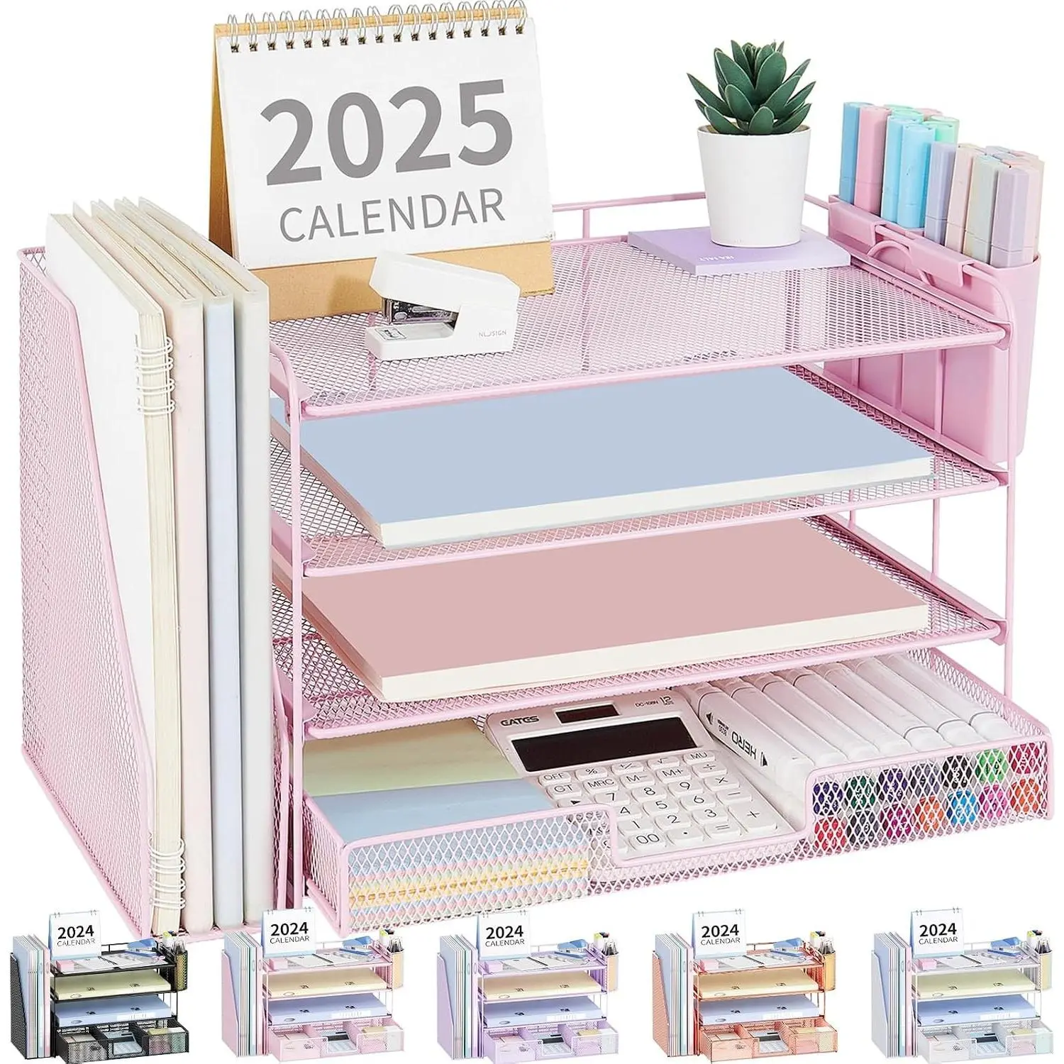 4-Tier Desktop File Organizer with Drawer and 2 Pen Holders, Office Desk Accessories File Sorters, Workspace Organizers for Office Supplies (Pink)