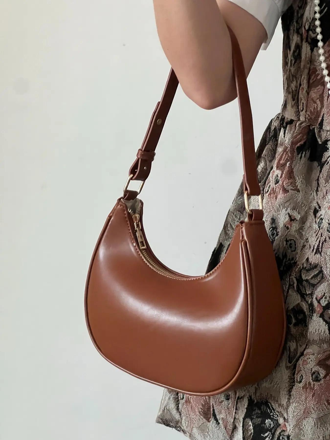 Women's Simple Style Plain Color Moon Shaped Shoulder Bag, Casual Trendy Novelty Pu Leather Handheld Bag, Fashionable Hobo Bag for Daily Use, Crescent Bag