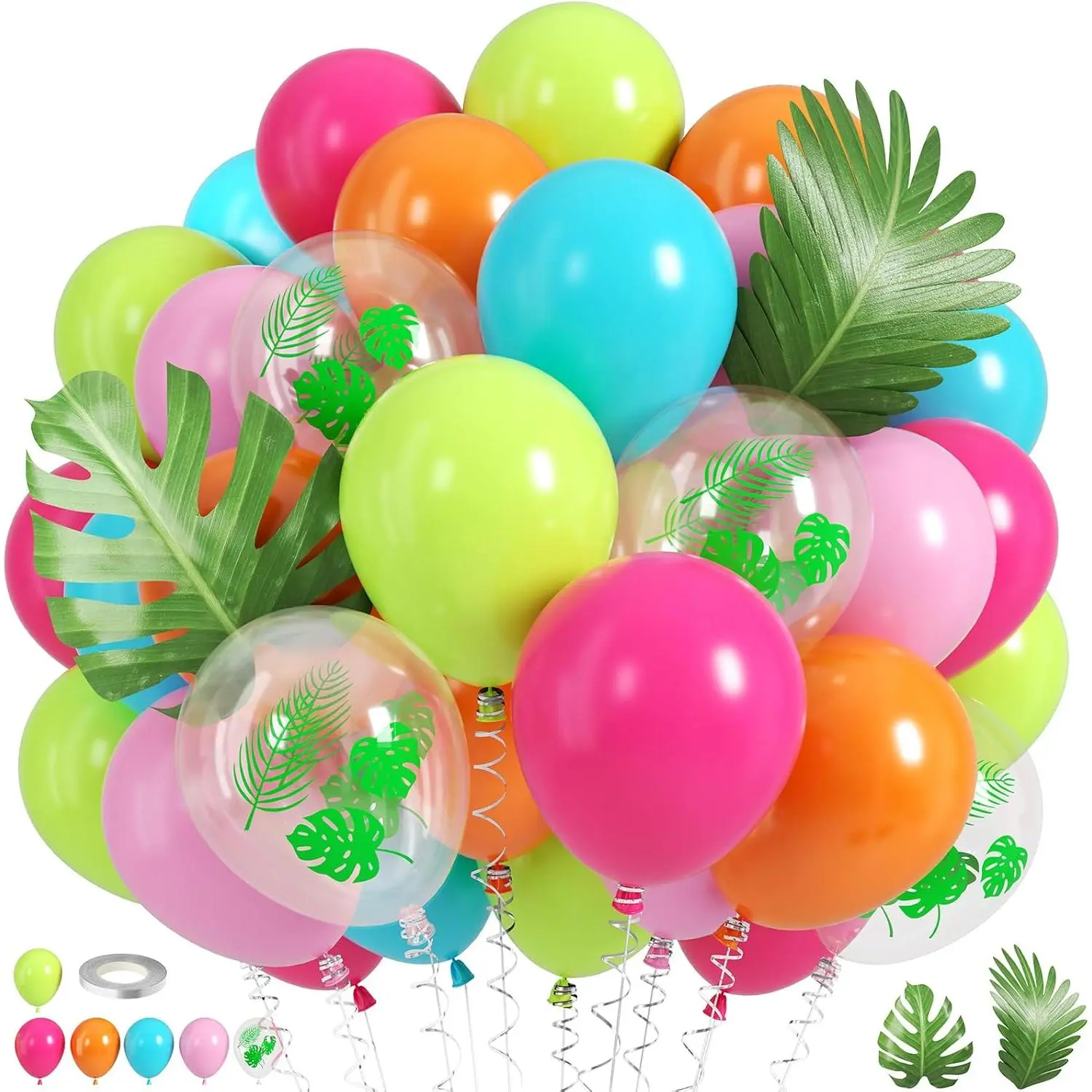 Tropical Balloons, 50 Pcs Teal Blue Orange Hot Pink Pastel Light Green Balloons with Palm Leaves and Printed Balloon For Summer Luau Birthday Hawaiian Shower Beach Pool Party Decorations