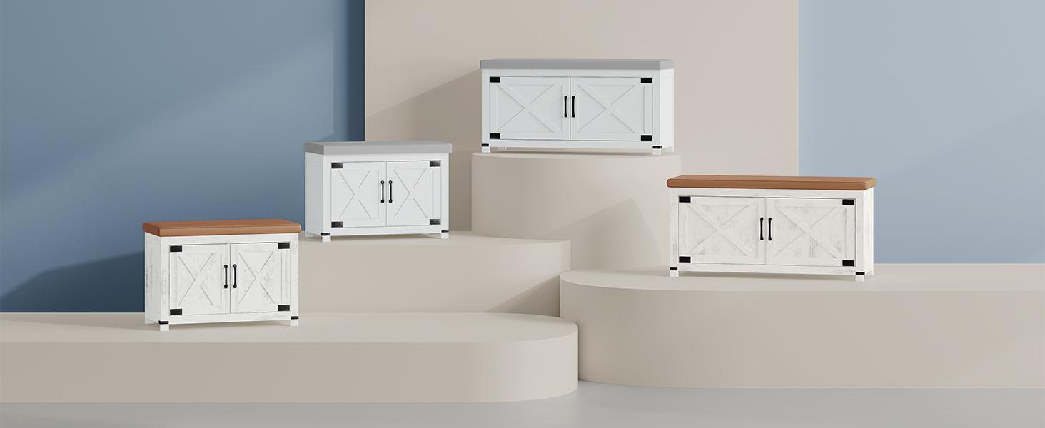 Shoe Storage Bench, 2 Tier Shoe Bench with Padded Seat Cushion & 2 Barn Doors, Entryway Bench with Adjustable Shelf, Farmhouse Shoe Cabinet for Living Room, Bedroom, White