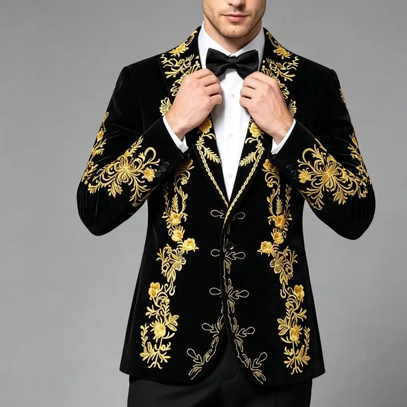 Men's Slim-Fit Velvet Blazer with Chinese Style Gold Embroidery, 1-Button Long Sleeve Formal Suit Jacket for Events, Polyester, Menswear Fabric Formal Wear, Medium Length, Party Suit Wetsuit Workwear, Longsleeves