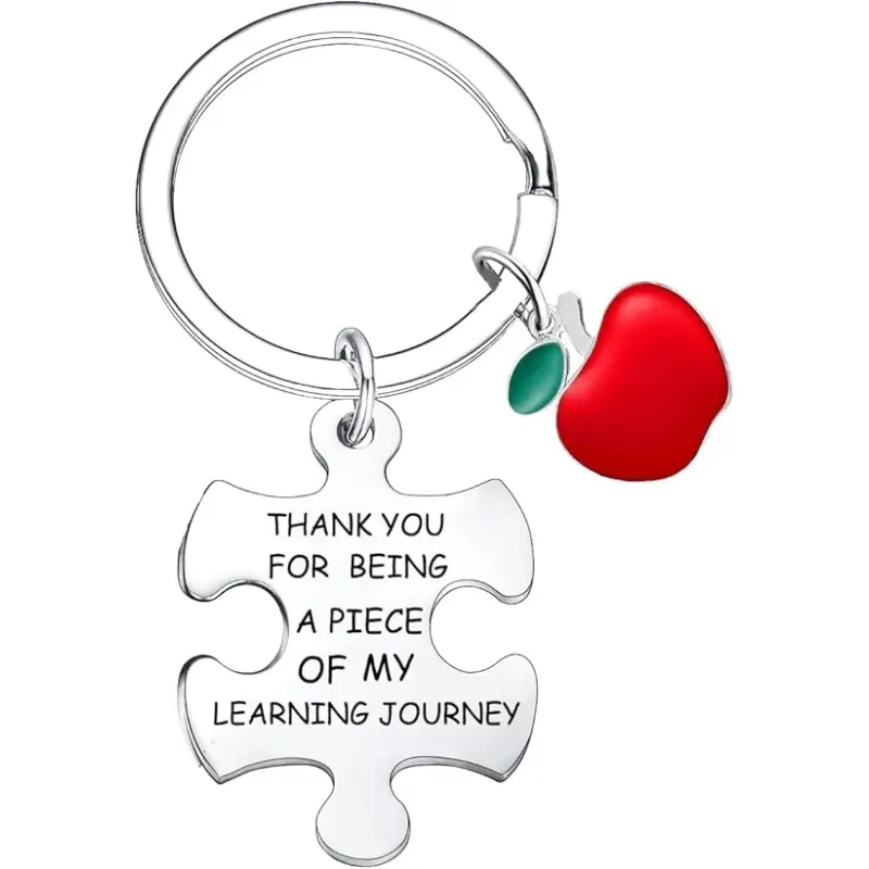 Teacher Appreciation Gift Keychain, Puzzle Piece Thank You Gift for Teachers, Mentors, Tutors, Red Apple Charm Stainless Steel Keyring, Graduation End of School Year Gift