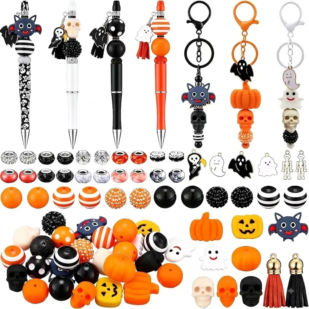 24 sets of DIY Halloween themed bead pens and keychains, including 12 pens, 12 keychains, pumpkin skeleton ghost bat beads, lobster clasps, tassels, and pendants for making Halloween gifts and school season gifts