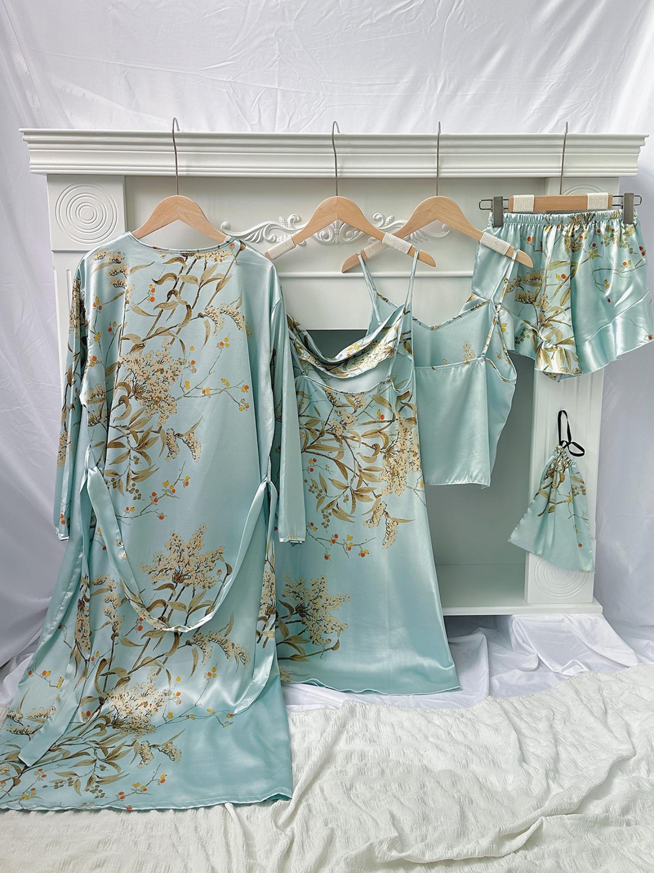 5 Counts Women's Floral Print Satin Pajama Set, Elegant Belted Robe & Cowl Neck Cami Dress & Camisole & Ruffle Shorts & Bag, Women Sleepwear for All Seasons, Summer Outfits, Satin Pyjama Set