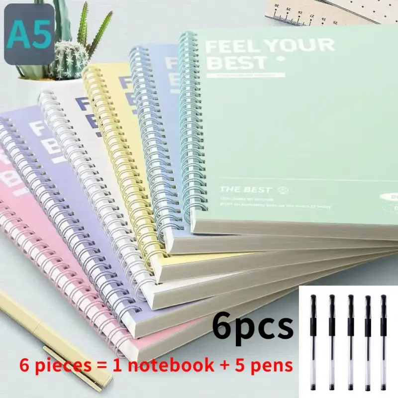 6-Piece Set Spiral Notebook & Pens, A5 Hard Cover, Tear-Off Pages, Lined/ruled Blocks, Durable Office Supplies, Perfect Christmas Gift