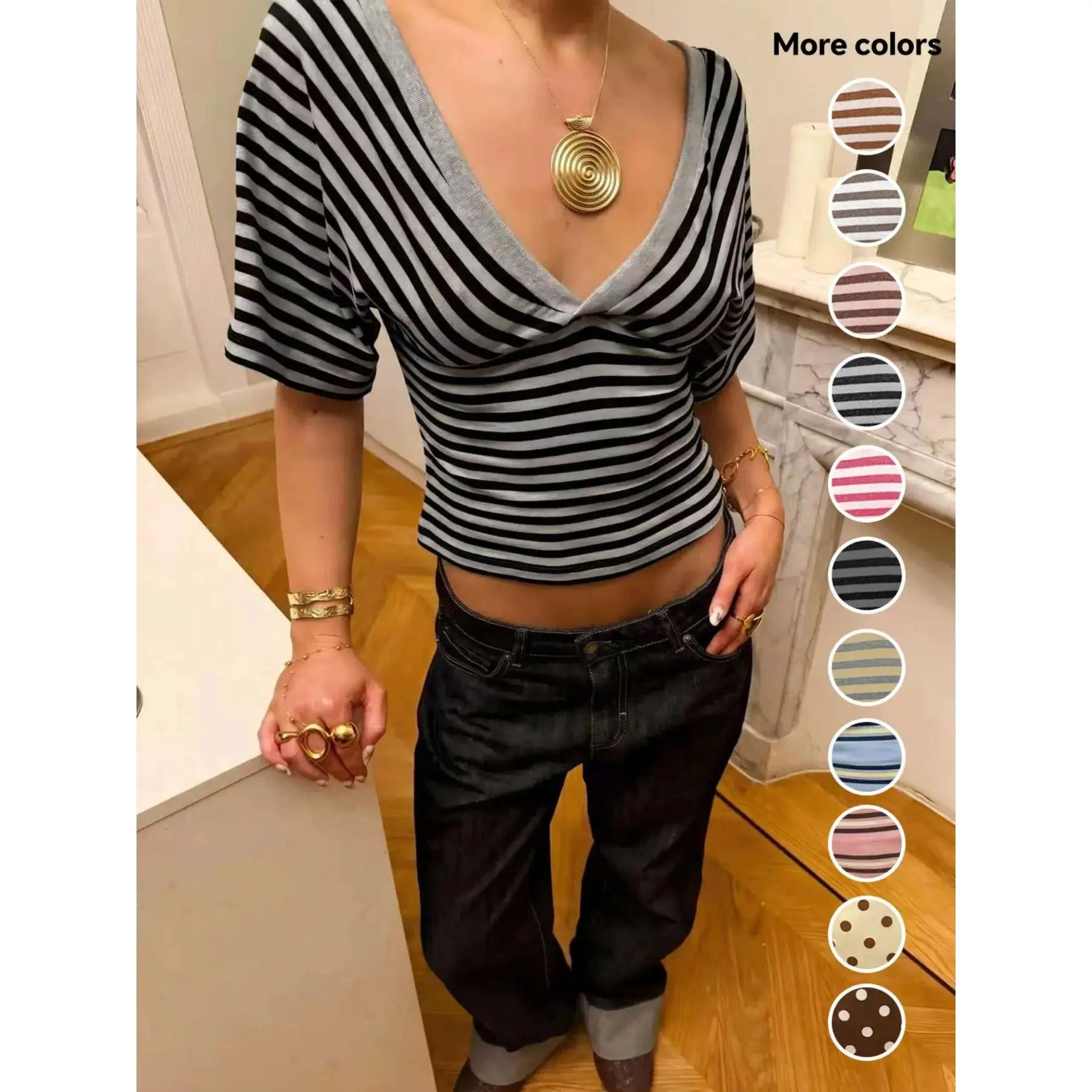 Striped V-Neck Wrap Top Form-Fitting Puff Sleeve Y2K Crop Blouse Stylish Comfortable Everyday Wear
