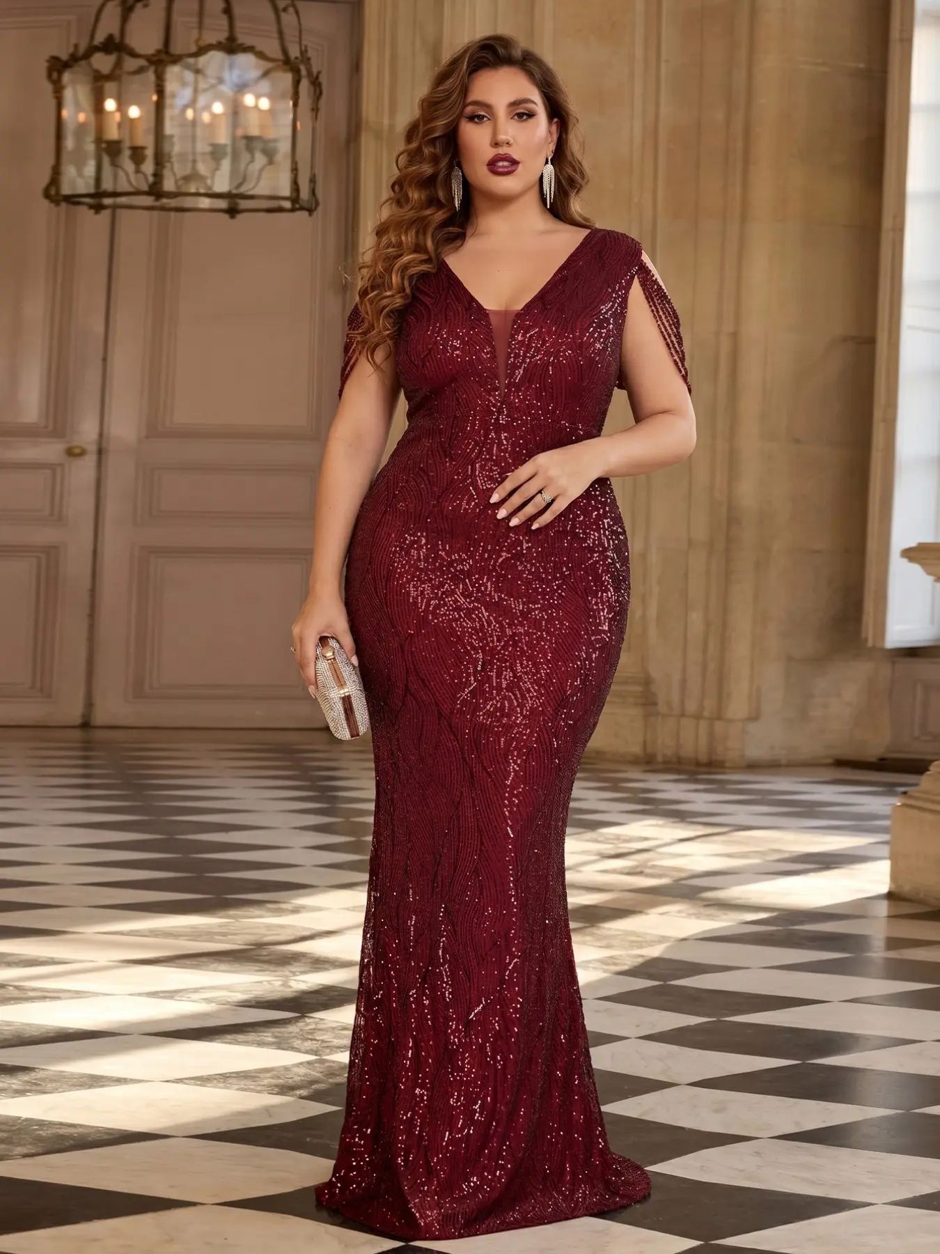 Burgundy Beaded Chain Sleeveless V-Neck Sequin Waist Cinched Fish Tail Floor-Length Plus Size Women Formal Evening Party Dress prom glam gown