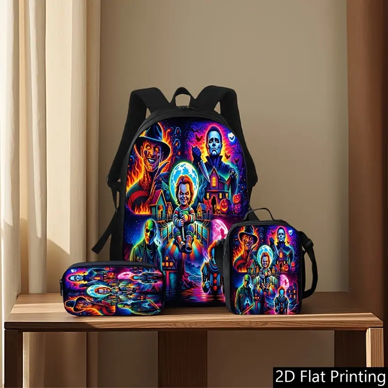 Halloween-Themed 3pcs Printed Fabric Bag Set - Backpack, Crossbody/Shoulder Bag, Pencil Case for 10-11 Years Old Back to School Haul, Spooky Patterns, Large Capacity, Multi-Compartment, Built-In Organizer Storage, Commuting Use, Hand Wash Only, Friend, Sp