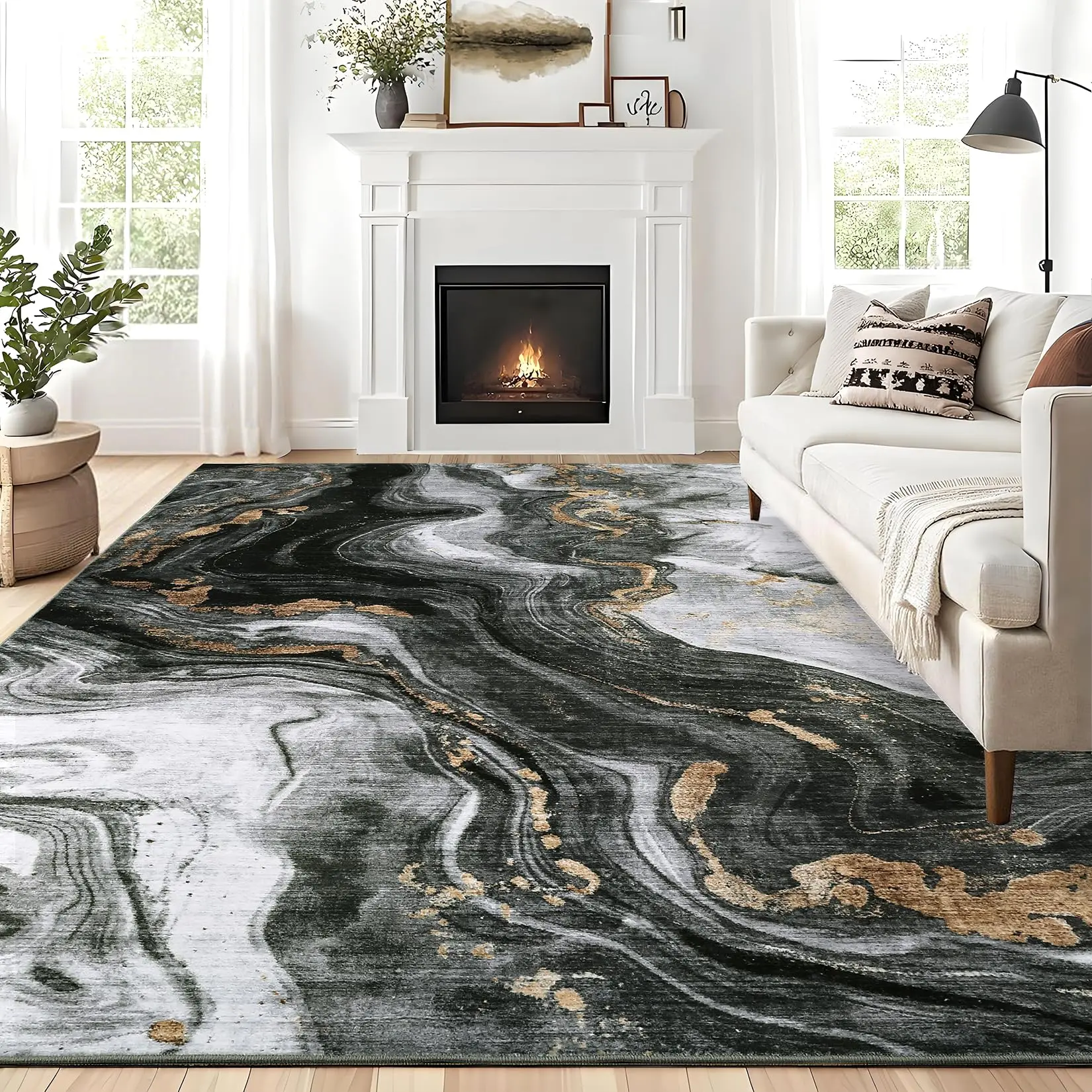 GARVEEModern Washable Rugs 6x9 Neutral Abstract Throw Rugs, Non-Slip Abstract Accent Carpet with Marble Swirl Pattern, Stain-Resistant Low Pile Indoor Carpet Rug for Living Room, Bedroom, Black