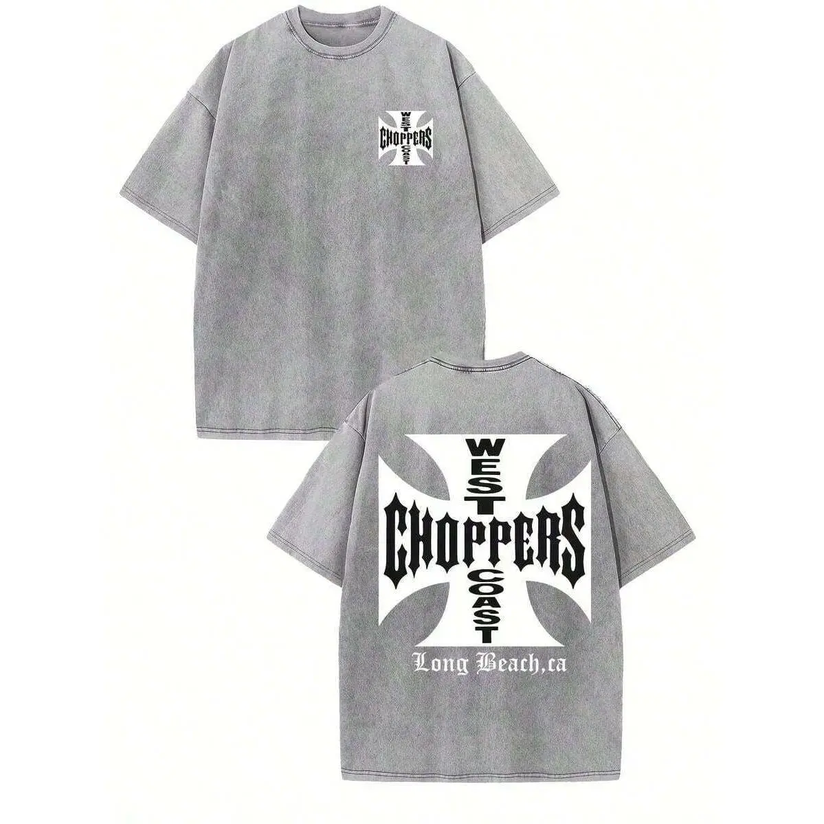 Double Side West Coast Choppers Long Beach Iron Cross Logo Washed Black Crew Neck Short Sleeve Unisex Top, Casual Daily Outfit T-Shirt For Chopper Bike Fans Men And Women