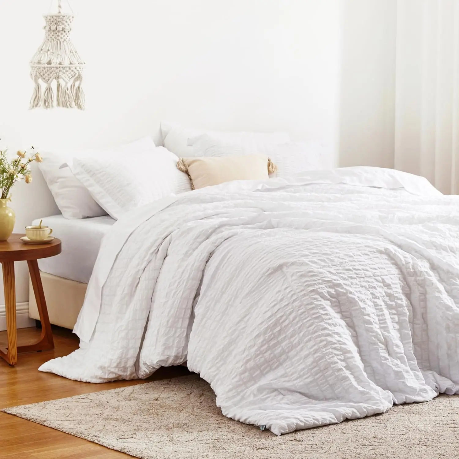 Seersucker White California King Comforter Set,  All Season Lightweight Bed in a Bag Bedding Set with Comforter, Flat Sheet, Fitted Sheet, Pillowcases and Shams