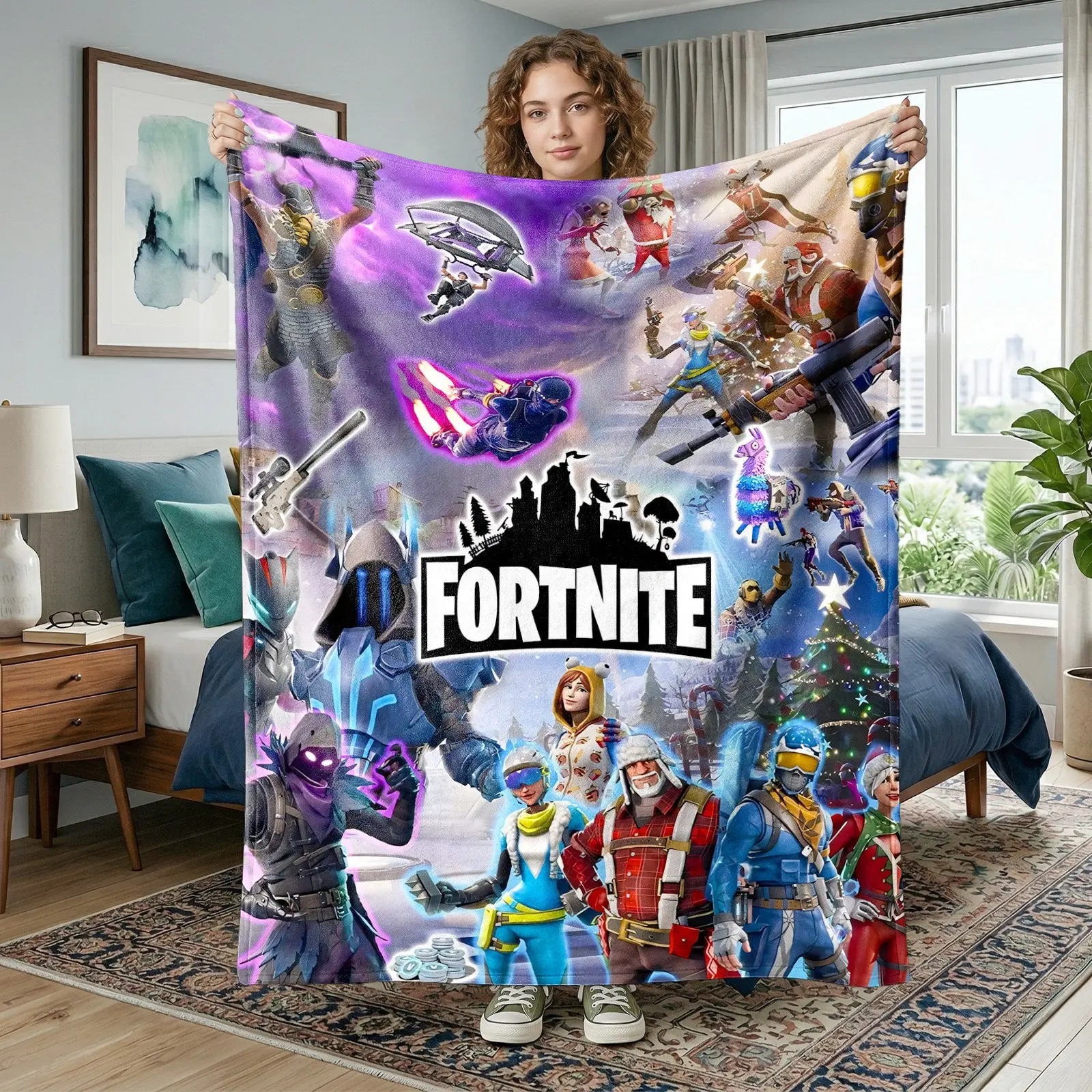 1pc Fortnite Flannel Blanket, Battle Royale Game Character Fleece Throw Blanket with Winter Battle Scene, Glider, Loot Llama, Christmas Skins Gaming Blanket for Sofa Bed Office Camping Travel Birthday Christmas Gift