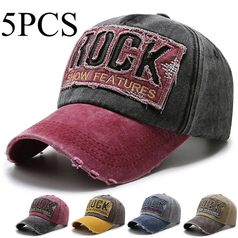 5 PCS Vintage Distressed Washed Cotton ROCK Patch Embroidered Baseball Caps Frayed Brim Soft Dad Hats Adjustable Outdoor Sun Hat for Men Women Multi Color Combo Pack