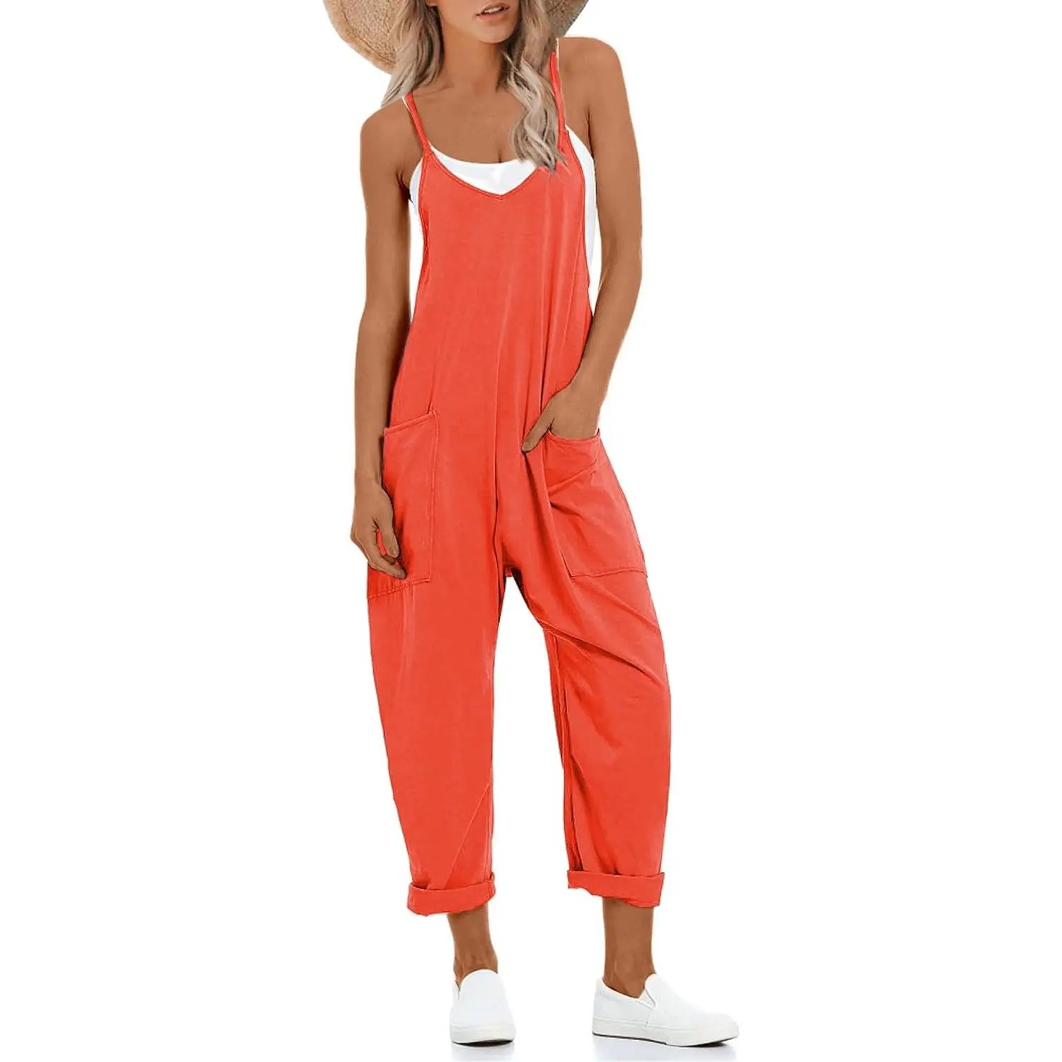 Women's Causal Jumpsuits V Neck Sleeveless Harem Overalls Stretchy Adjustable Strap Romper with Pockets
