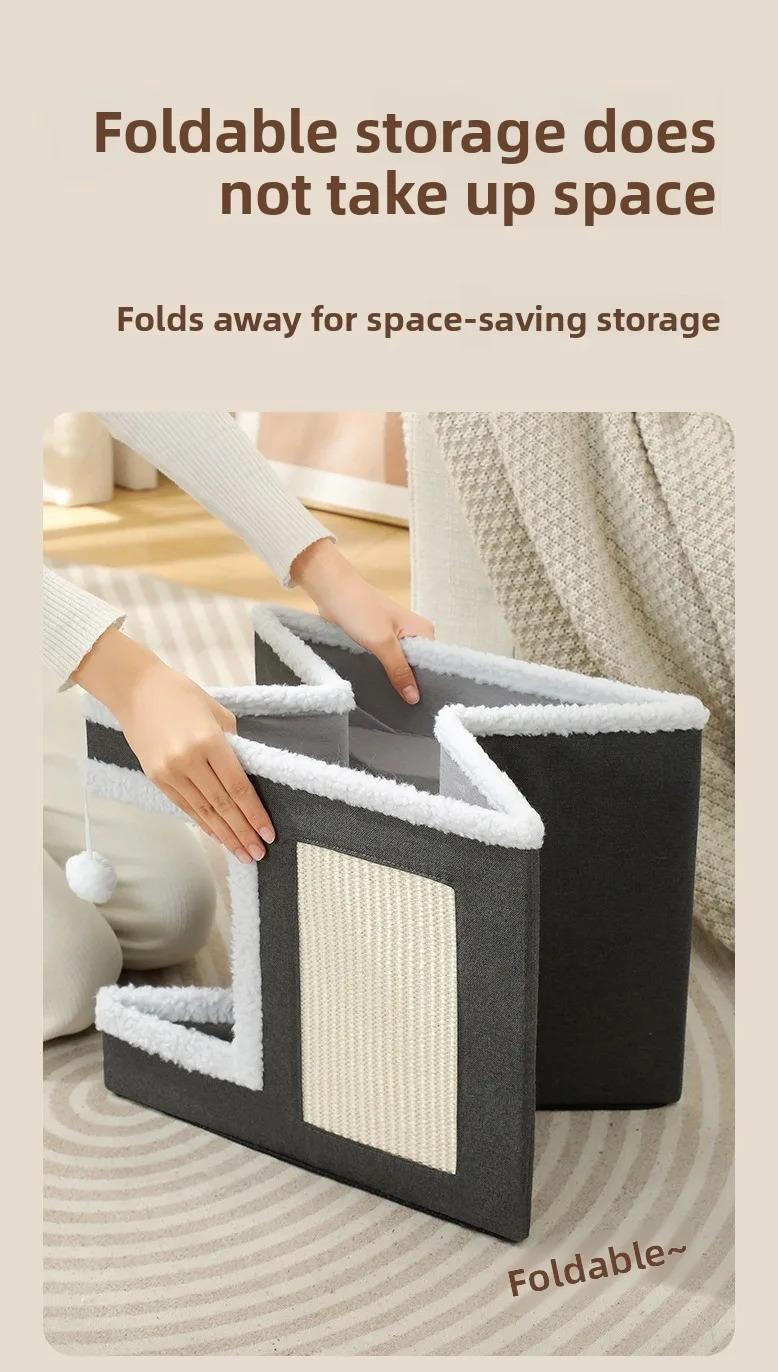 Cat Bed House Scratch Pad Foldable Square Design Solid Pattern Fashion Style Cat Cave Hideaway Cube Removable Washable Cushions for Indoor Cats Comfortable Cozy Pet Sleeping Nest with Scratching Function