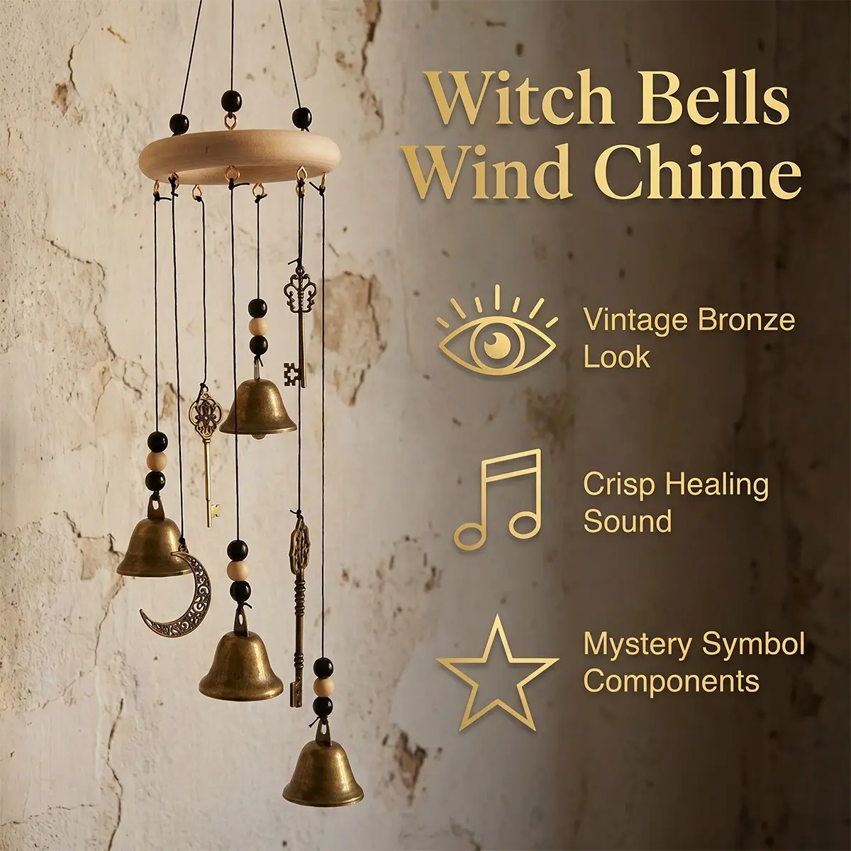 Vintage Worn Key Star Moon Bell Wind Chime, Witchy Wicca Pagan Iron Art Hanging Decor, Garden Home Luck Guardian Ornament, Unique Atmosphere Gift