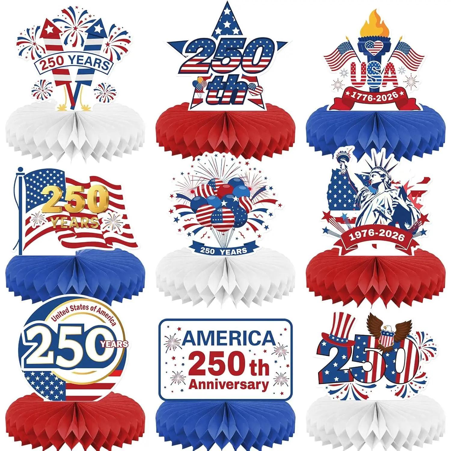 USA 250th Anniversary Honeycomb Centerpieces, 9Pcs Patriotic Table Centerpieces American 250 Years Honeycomb Decorations for USA Independence Day 250th Anniversary Theme Party Supplies