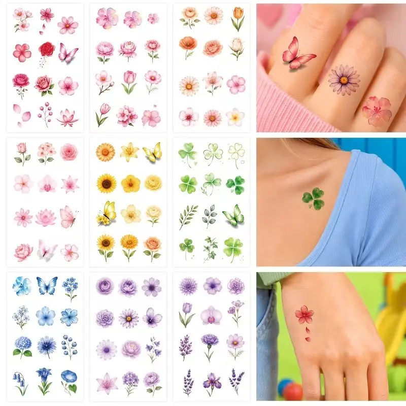 10pcs Fresh Flower Temporary Tattoo Stickers, Fake Tattoos, Sunflower, Clover, Finger Lockbone Body Art, Water Transfer Printing, 101329