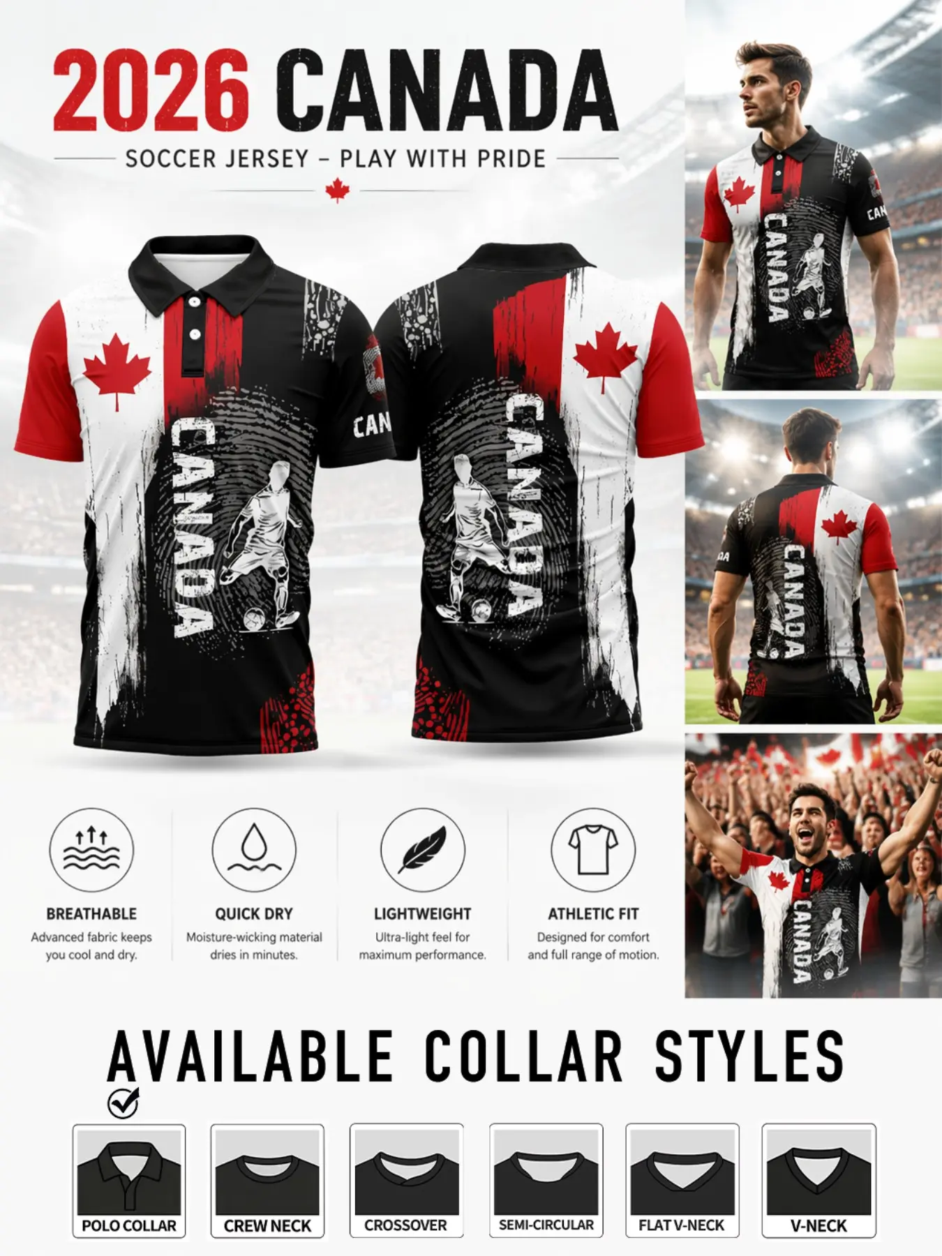 2026 Canada Sport Short Sleeve Jersey, Maple Leaf Print, Fitted, Outdoor & Streetwear, Ideal for Games, Training, Daily Wear