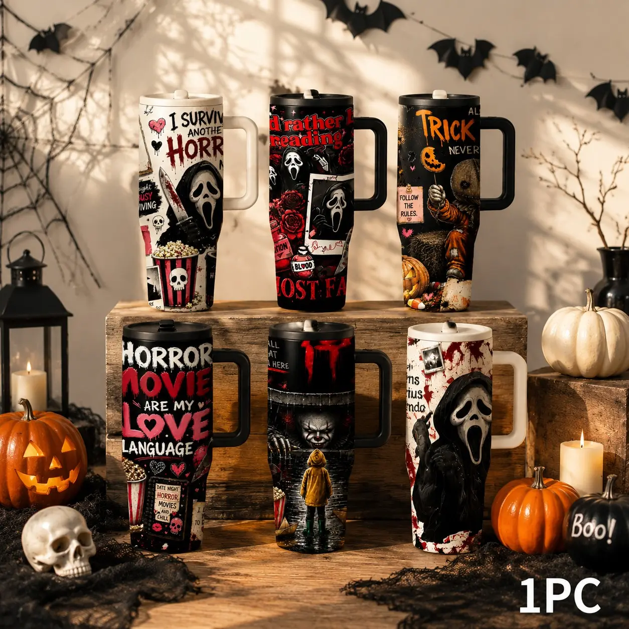 1PC 40oz Halloween Christmas Tumbler with Handle, Horror Movie Inspired Insulated Stainless Steel Travel Cup with Lid, Double Wall Vacuum Coffee Mug, Leak Resistant Reusable Water Bottle, Cup Holder Friendly Holiday Gift for Family & Friends