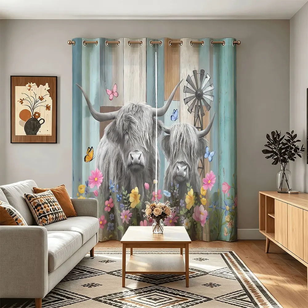 2 panels Highland Cow Print Blackout Curtains, Grommet Curtains, Contemporary Style, Perfect for Kitchen Living Room Cafe, Bedroom Loft Sunshade Dividers