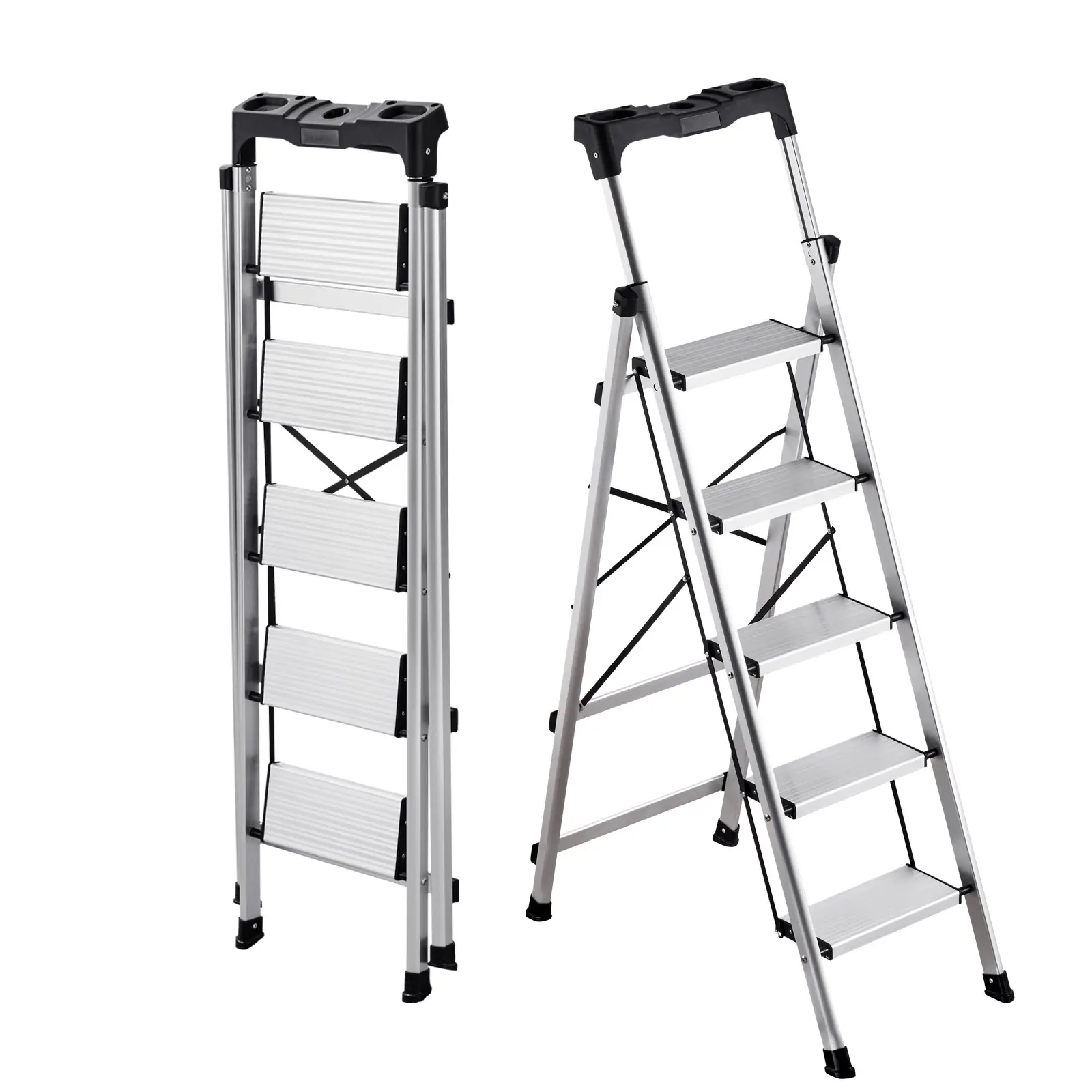 VEVOR Foldable 5-Step Aluminum Step Ladder with Wide Anti-Slip Textured Pedals, Comfort Handrail, 330 lbs Capacity, Slim Portable Design for Cleaning, Household & Office Use, Silver