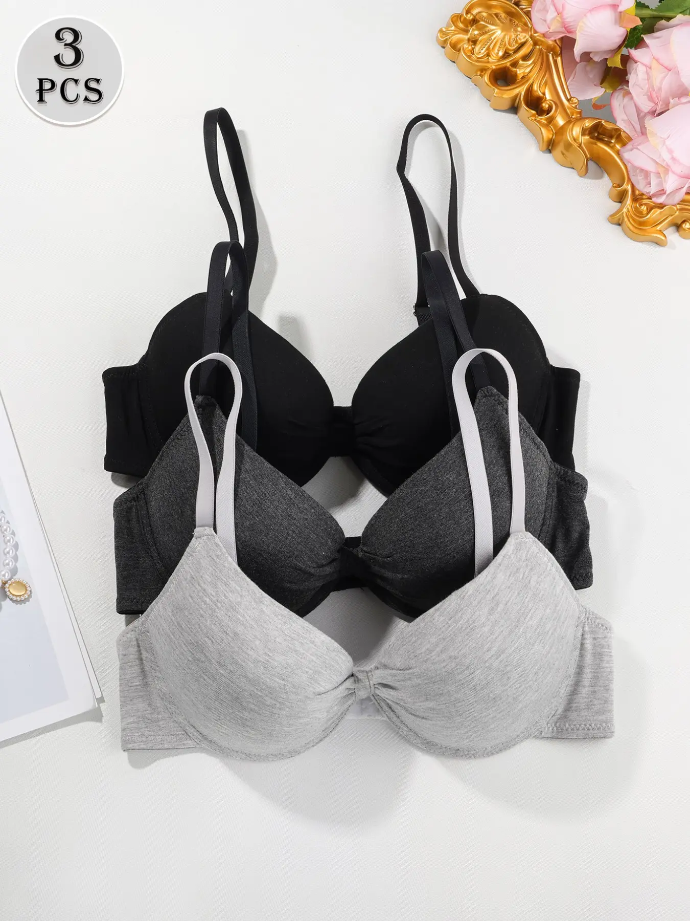 Women's Bra Set of 3, Simple Solid Color, with Steel Ring Lift, Skin-Friendly Breathable, Everyday Underwear