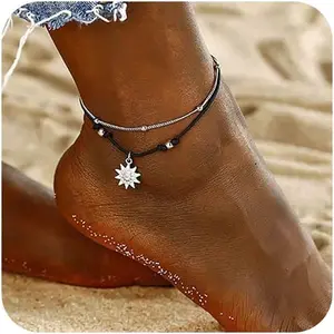 Boho Layered Sun Anklet Bracelet Black Wax Rope Ankle Bracelet Silver Sunflower Dangle Anklets Vintage Black Rope Chain Ankle Bracelet Vintage Foot Chain Jewelry for Women (Sunflower)