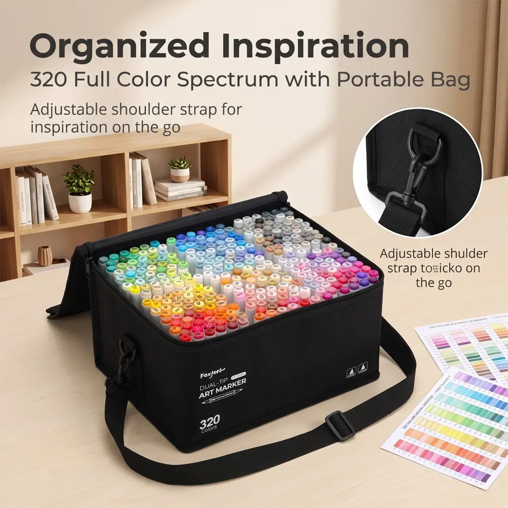 Professional 320 Dual-Ended Alcohol Markers Set, Full Color Range, Crossbody Pouch, Ideal for Sketching, Illustrations, Coloring Supplies, Back-To-School Art Supplies